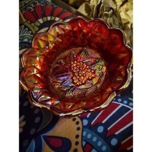 Vintage Fenton Red Iridescent Carnival Glass Bowl With Raised Grape Pattern And